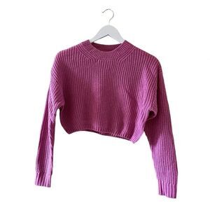 Elodie Waffle Knit Cropped Sweater Women's Purple  Long Sleeve Crew Neck S